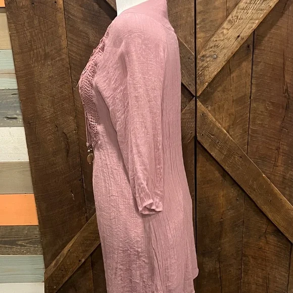 Dusty Rose Bohemian Crochet Lace Mini Dress Tunic L - Picture 5 of 8